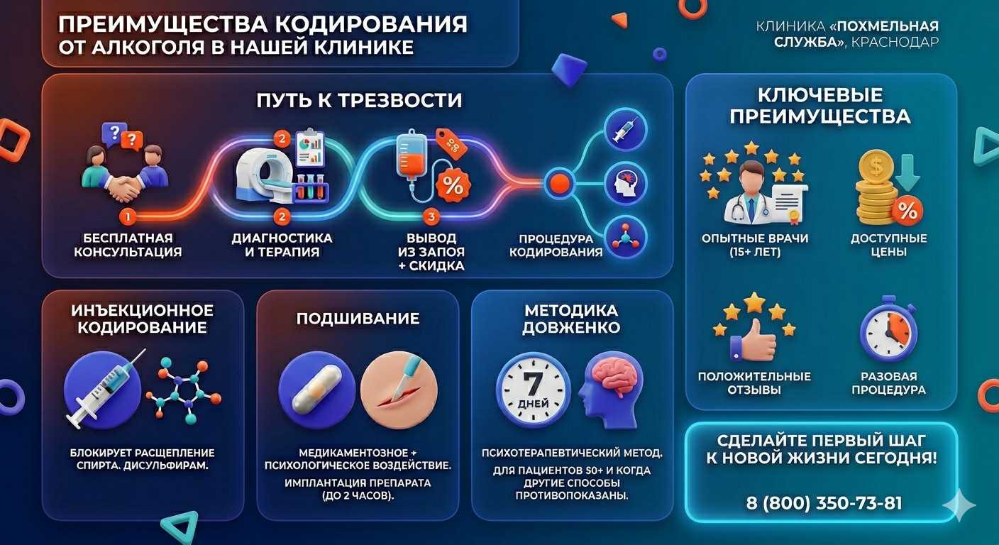 Инфографика о методах кодирования от алкоголя в Кадуе: инъекции, подшивание, метод Довженко. Преимущества клиники и этапы лечения.